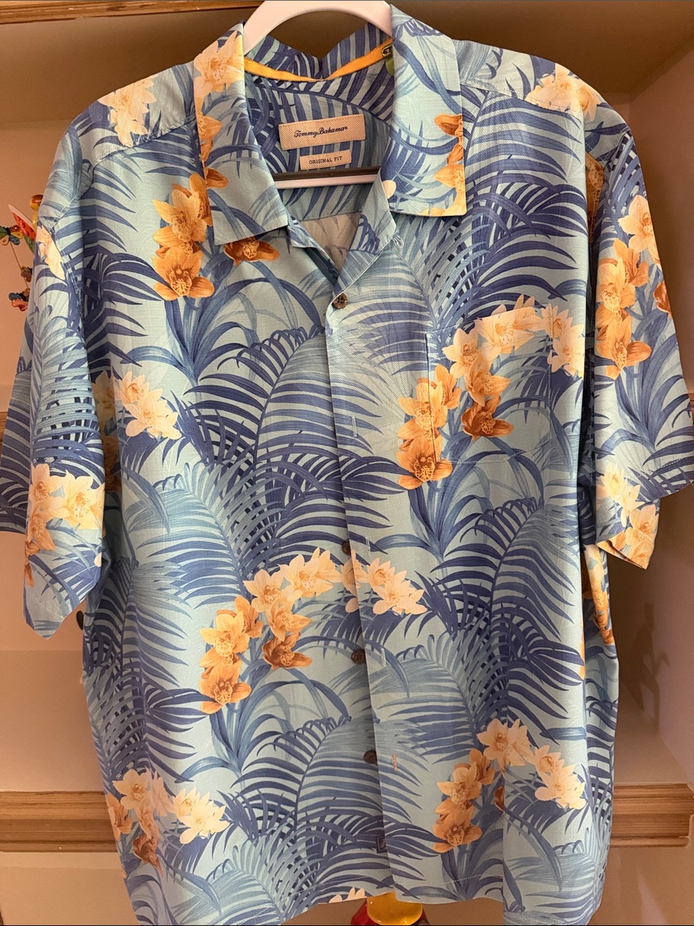 Tommy Bahama Blue Hawaiian Floral Camp Shirt with Peach Blooms